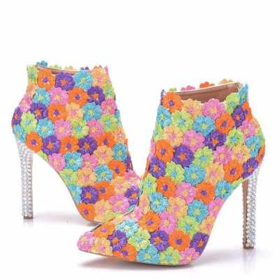 High Quality Wedding Shoes Women Ankle Boots Winter Supper High Thin Heels 11CM Zipper Flower Pearl Pointed Toe Ladies Boot