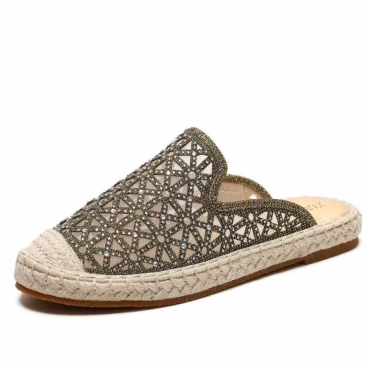 One legged Lazy Shoes 2021 New Summer Baotou Sandals with Rhinestones All match Straw Fisherman Net Red Women's Shoes