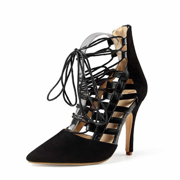 New Flock Leather Women High Heels Summer Cutout Gladiator Sandals Fashion Ladies Dress Pointed Toe Shoes Woman