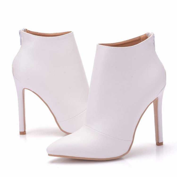 Women Boots Slip On Footwear Zip Ankle Boots White Leather Boots Women Pumps High Heels 11CM Pointed Toe Boots Female Shoes