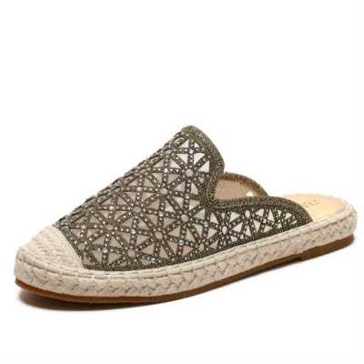 One legged Lazy Shoes 2021 New Summer Baotou Sandals with Rhinestones All match Straw Fisherman Net Red Women's Shoes