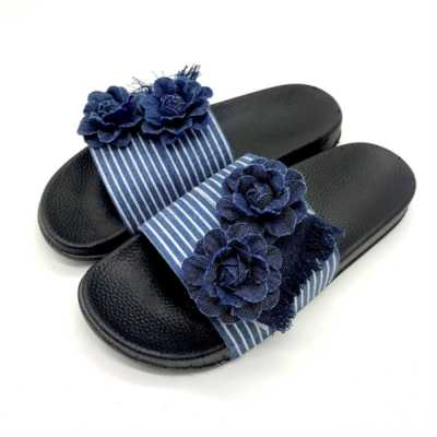 Summer Fashion Women's Canvas Flower Slides Outside Blue Striped Casual Denim Slippers Female Liesure Home PVC Sandals New 2021