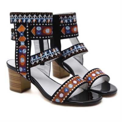 Summer Women's Sandals Embroidered Women Sandals New Ethnic Style Retro Embroidered Thick Heel Open Toe Sandals