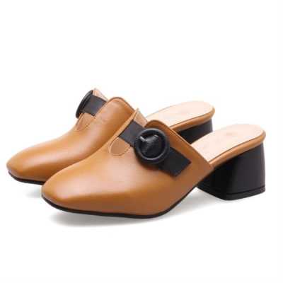 fanyuan Ladies Shoe Square Head Color Matching Shallow Mouth Metal Decoration Thick Heel Female Shoe Plus Size