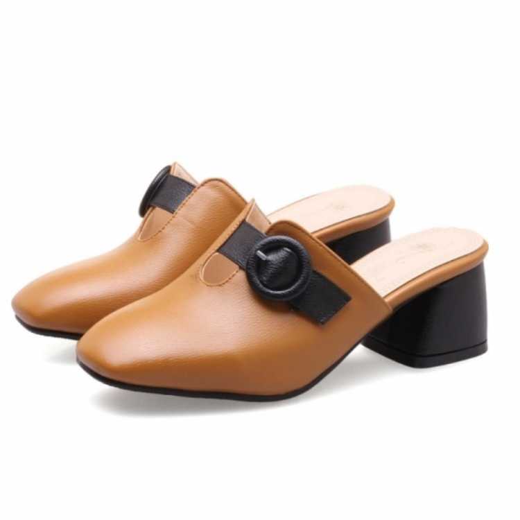 fanyuan Ladies Shoe Square Head Color Matching Shallow Mouth Metal Decoration Thick Heel Female Shoe Plus Size