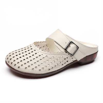 2021 Brand Design Genuine Leather Wrap Toes Slippers Women's Buckle Flat With Shoes Woman Retro Casual Outside Slides